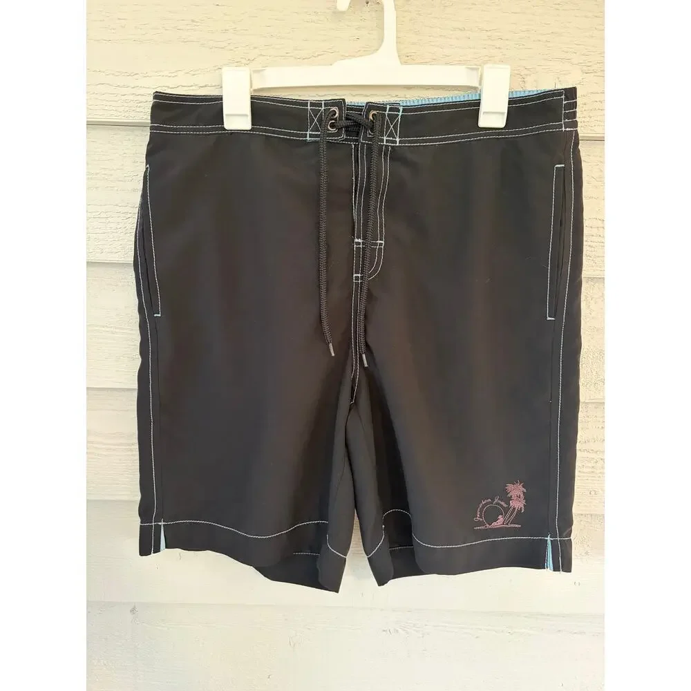 Jamaica Jaxx Black Board Shorts | Size L | Beach Swim Trunks Blue Stitch